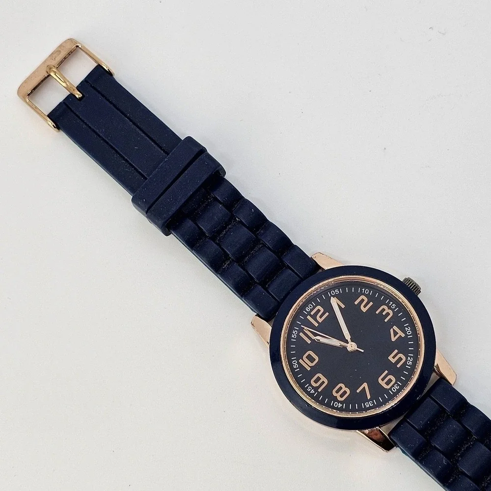 Unisex‎ Watch 38MM Blue Dial Blue Gold Case Blue Plastic Band Straps New Battery